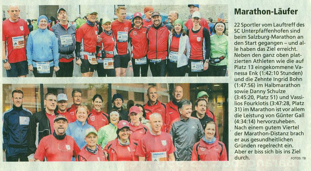 Bericht des Münchner Merkur vom 23. Mai 2014 über Teilnahme des SCUG-Lauftreff beim 11. Salzburg Marathon 2014