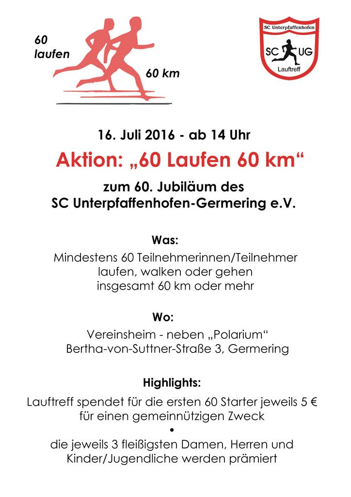 Flyer/Plakat des SCUG-Lauftreff zu "60 laufen 60 Kilometer"